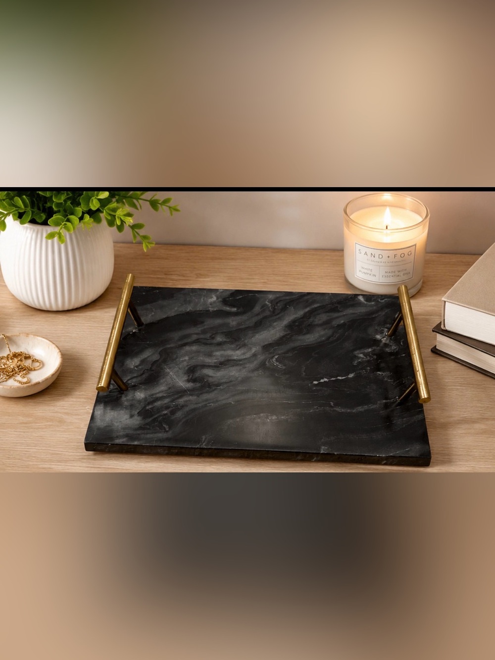 Black Marble Stone Tray with Brass Gold Handles, 12” x 8” Decorative Vanity Tray
